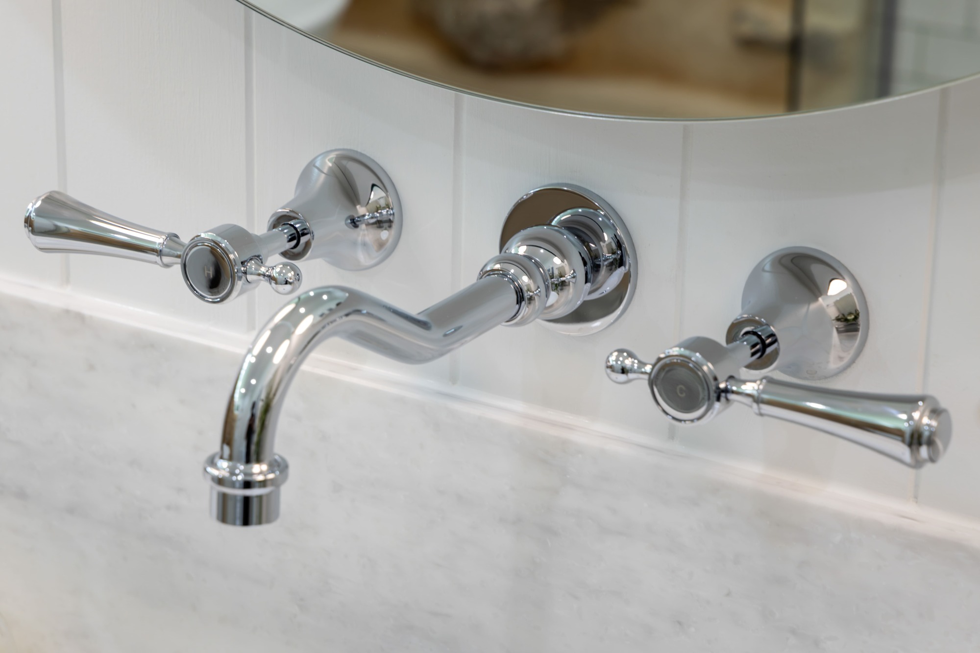 Hamptons Style Tapware, Chrome Finish with V-Jay Panelling and Carrera Looking Solid Surface Splashback