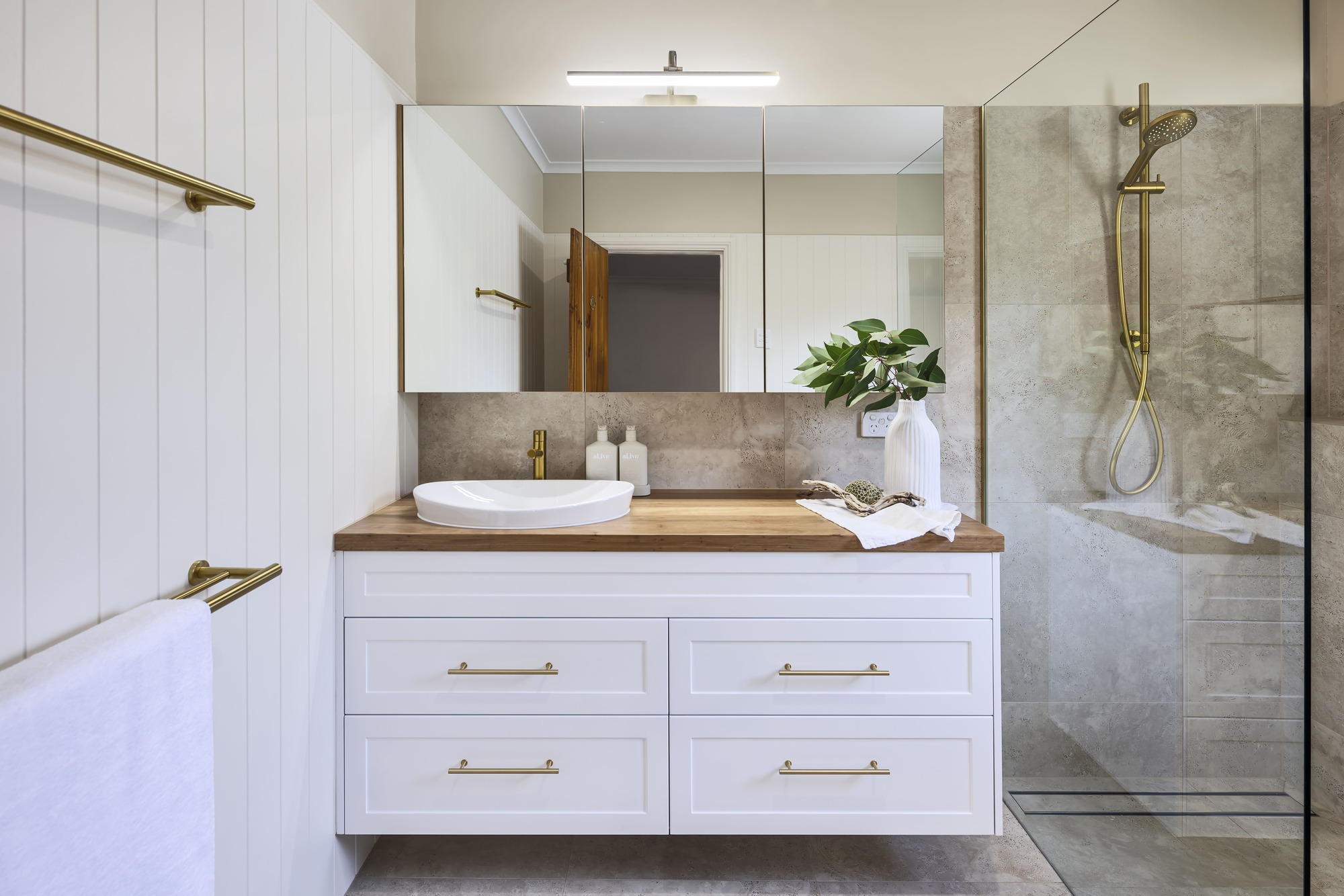 Coastal Hamptons Style Ensuite, Wall-Hung Vanity with Timber Top Brushed Gold Accessories, V-Jay Panelling and Walk-In Shower