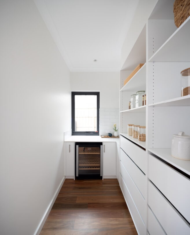Contemporary classic walk-in pantry with wine fridge