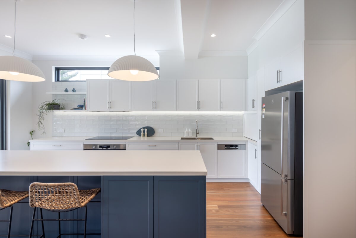 Contemporary classic blue kitchen renovation in South Brighton