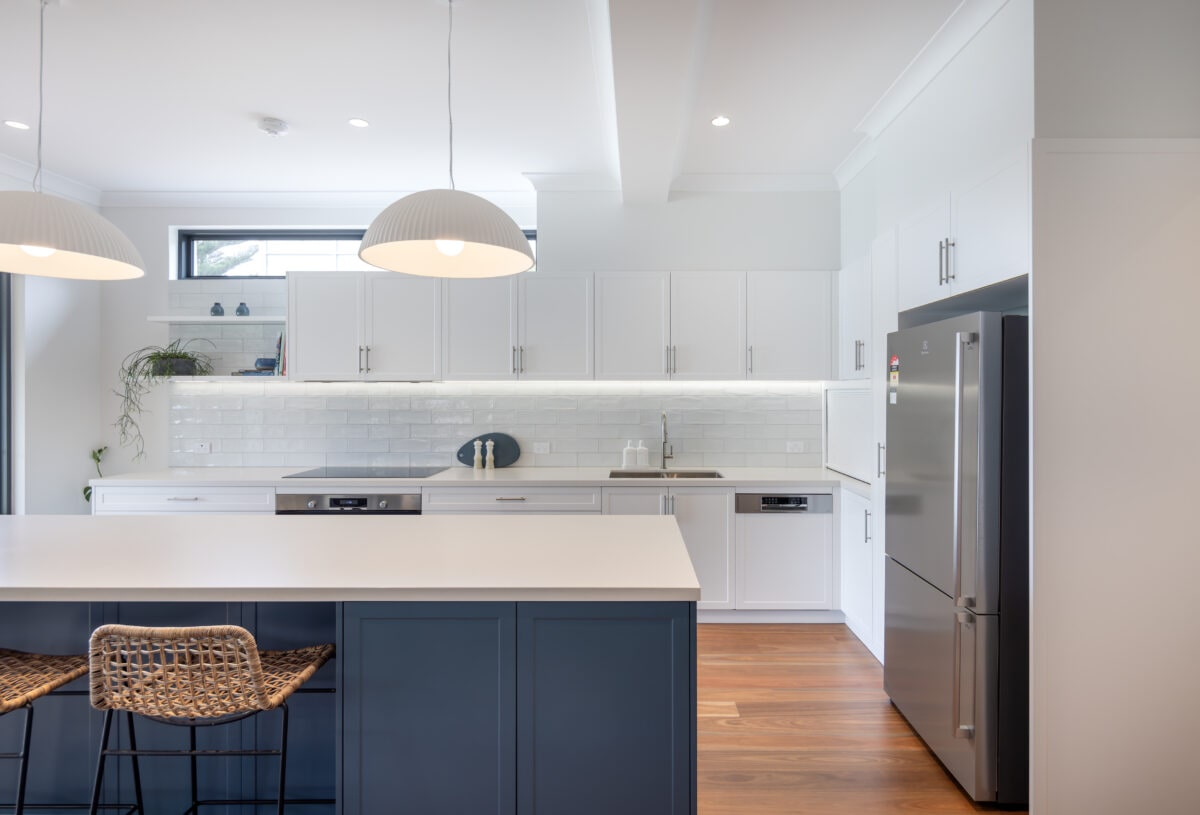 Contemporary classic blue kitchen renovation in South Brighton