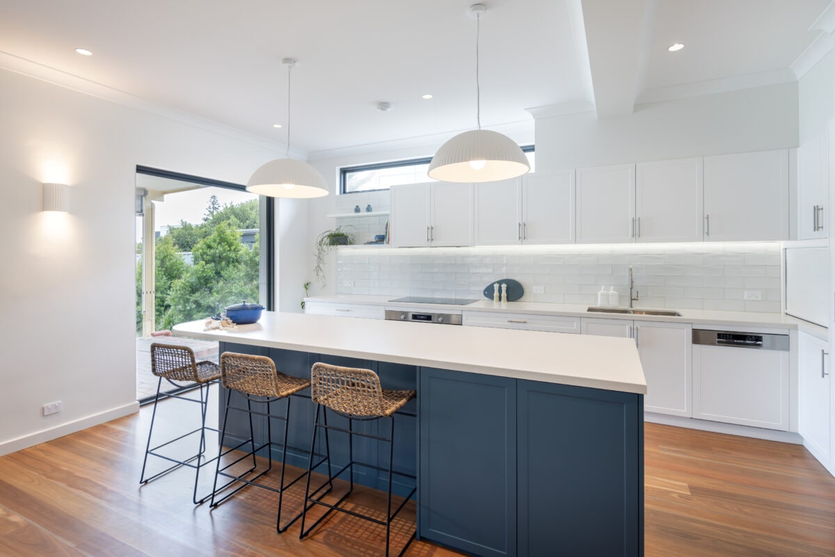 Contemporary classic blue kitchen renovation in South Brighton