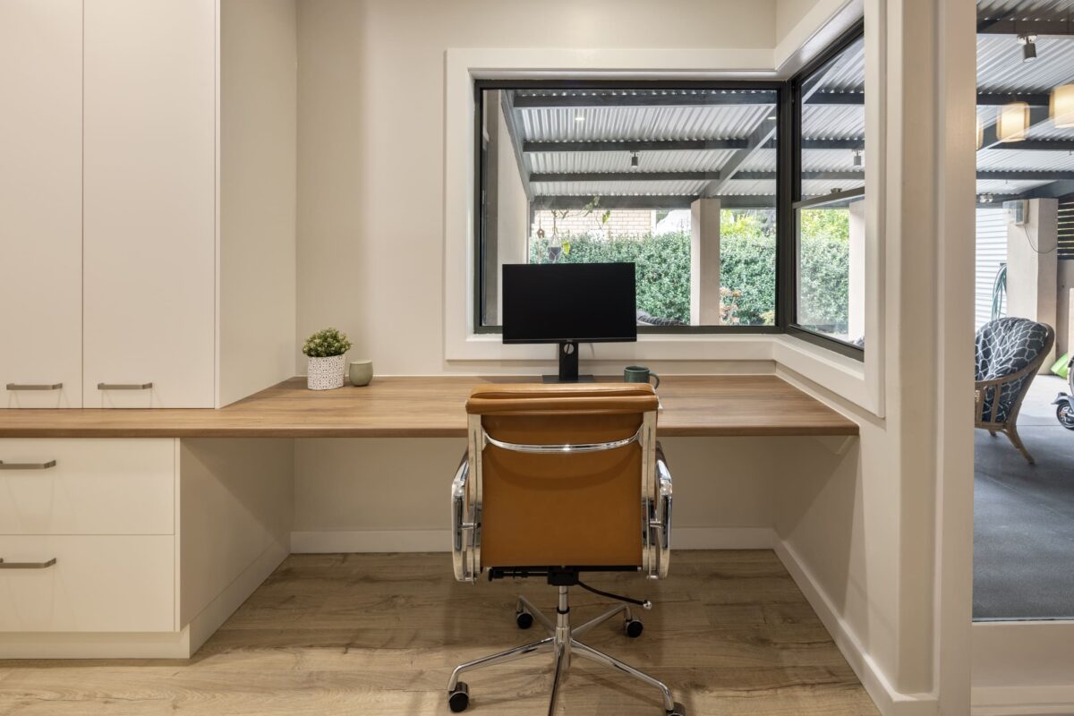 Home office renovation, bespoke joinery, desk space, computer screen and natural light