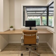 Home office renovation, bespoke joinery, desk space, computer screen and natural light