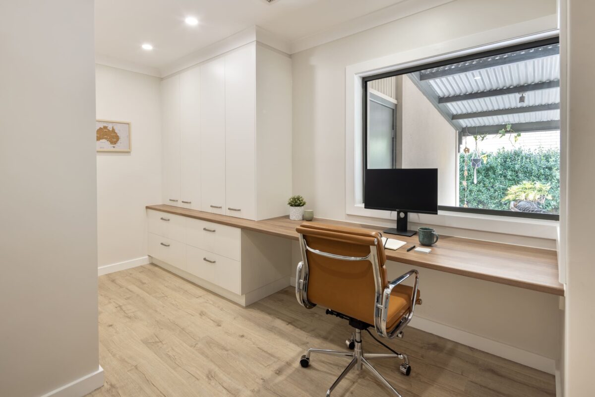 Home office renovation, bespoke joinery, well designed electrical plan, functional and modern
