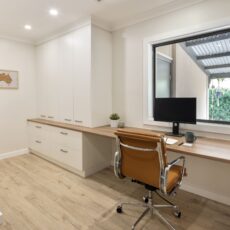 Home office renovation, bespoke joinery, well designed electrical plan, functional and modern