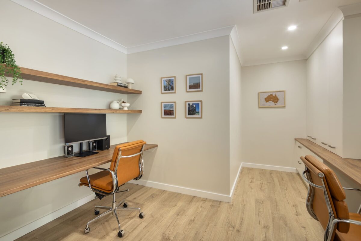 Home office renovation, bespoke joinery, well designed electrical plan, functional and modern