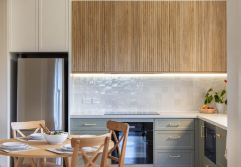 renovated kitchen, country style, custom joinery, built-in appliances, tiles splashback, engineered stone benchtops and LED lighting