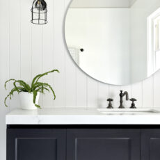 renovated bathroom, HIA awards 2018, Hamptons style, wall hung vanity, traditional English tapware in black finish, and round mirror