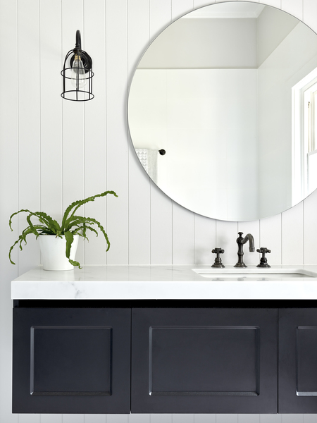 renovated bathroom, HIA awards 2018, Hamptons style, wall hung vanity, traditional English tapware in black finish, and round mirror