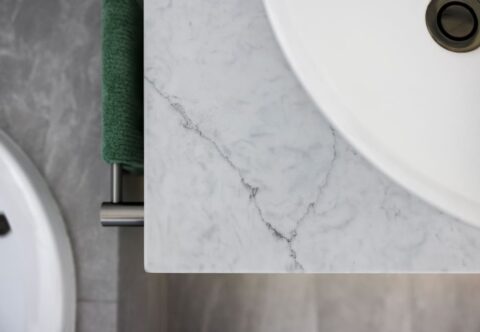 renovated bathroom, stone top, vanity bowl, tiled flooring