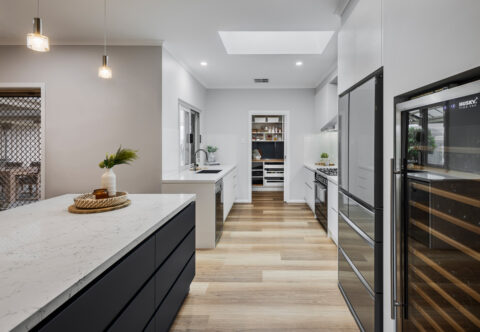 renovated kitchen, traditional style with modern appliances, porcelain benchtops and bespoke joinery