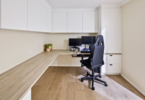 renovated home office, custom cabinetry, new flooring, paint and electrical works, contemporary minimalistic style
