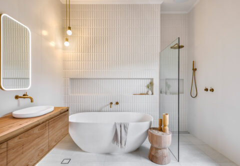 renovated bathroom, award winning design, 3d tiles, freestanding bath, open walk-in shower, solid wood vanity and brushed gold tapware