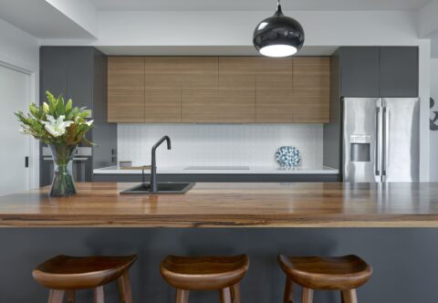renovated kitchen, warm rustic and contemporary style, featuring Marri solid timber from Western Australia on benchtops, paired with Dulux-Domino coloured cabinetry doors.