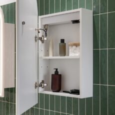 Renovated family bathroom with a modern style, featuring green wall tiles, twin mirror cabinets and brushed brass accessories.