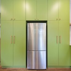 Renovated kitchen with retro-inspired style, vibrant green cabinetry, solid timber shelves and handles.