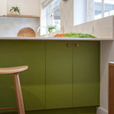 Renovated kitchen in Blackwood with retro-inspired style, vibrant green cabinetry, solid timber shelves and white benchtops.